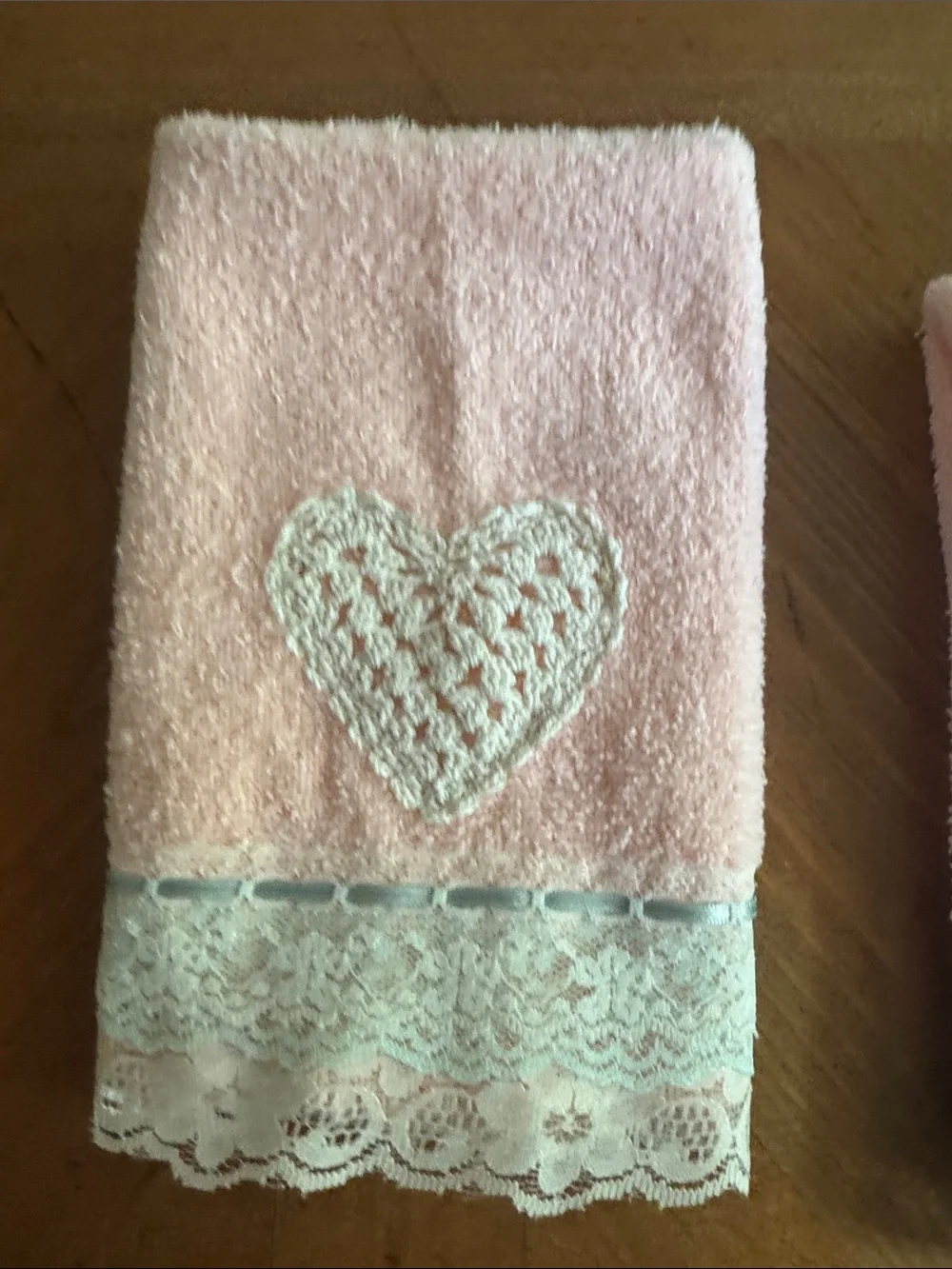 vintage soft pink wash cloths  white crochet heart appliqués and lace trim